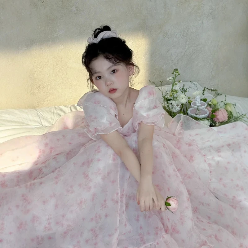 

2025 Summer Girls' French Floral Square Neck Tulle Puff Dress for Princess Fairy.