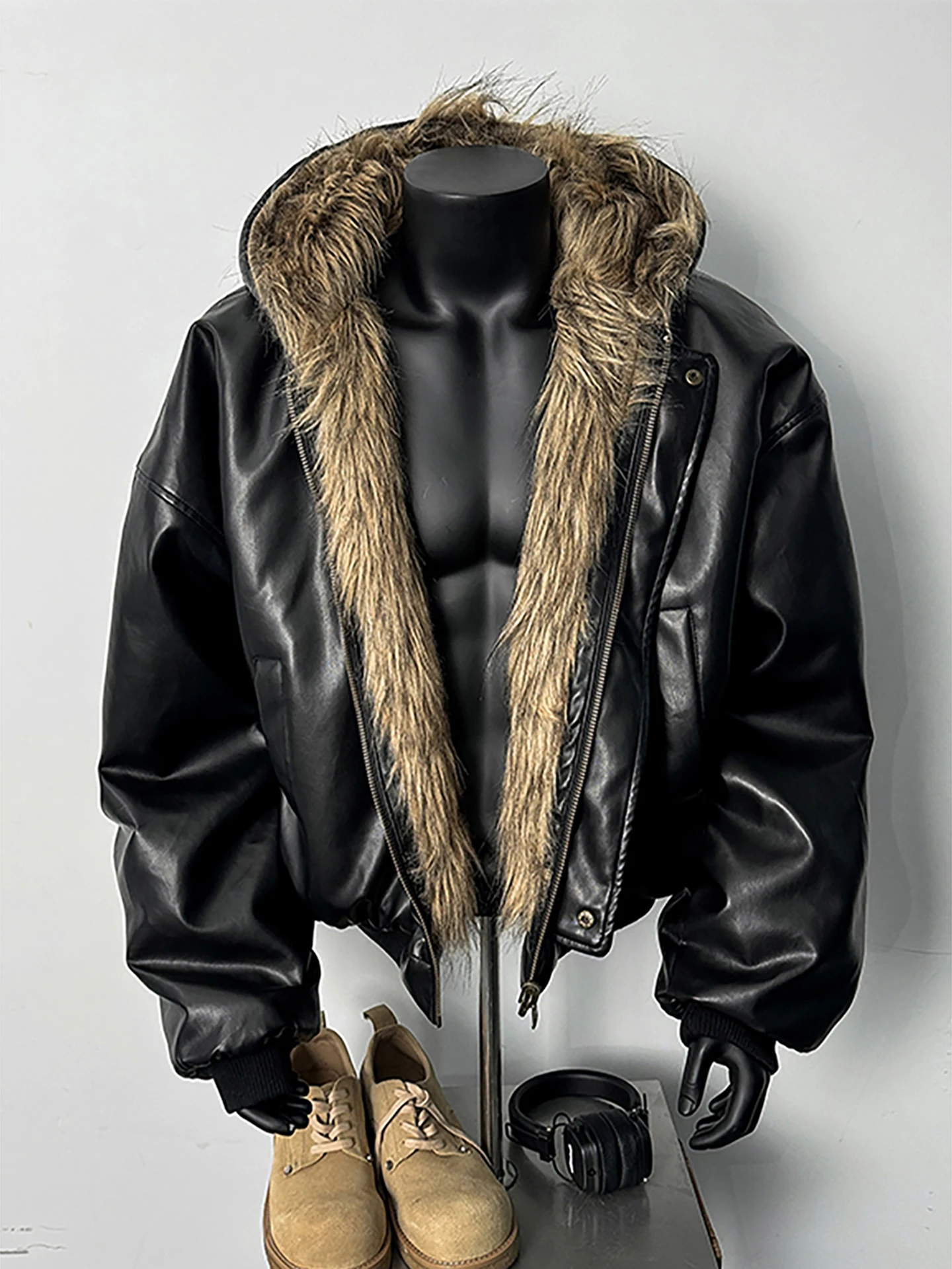 

Double-Sided Wear Fur Leather Inteated Fur Coat Men Women Winter Warm Cotton Jaet Hooded Casual Sle ort Length