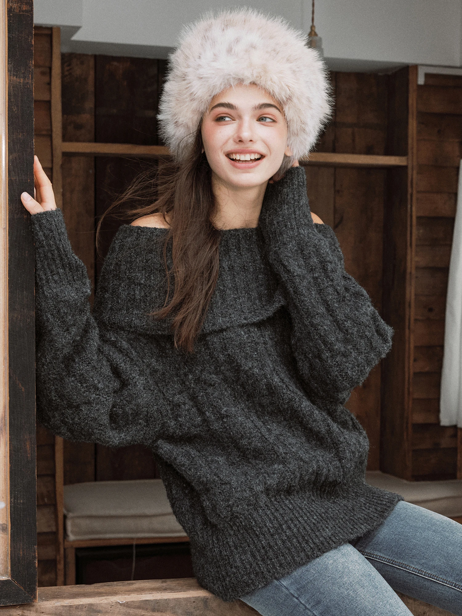 

Yescci ey Свободный женский свитер на одно плечо Sli Commute Sle Long Sve Thermal Осень-зима Faion Повседневный топ