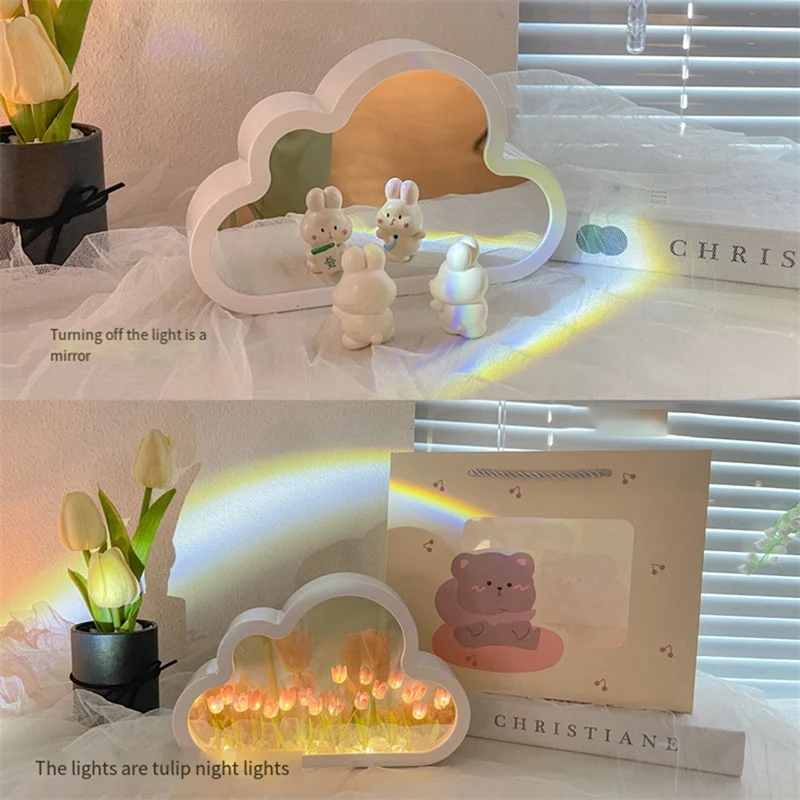 Luz de noche LED de tulipán de nube DIY, adornos de dormitorio de niña, marco de fotos, espejo, lámparas de mesa, mesita de noche hechas a mano