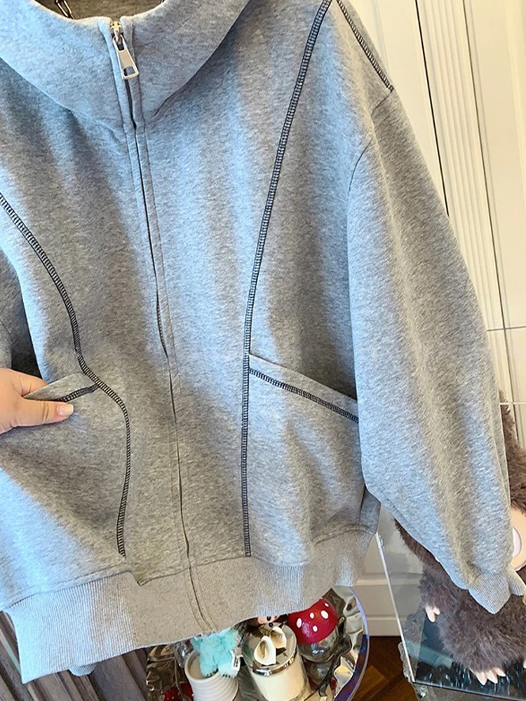 الأمريكية الرجعية عارضة المرأة هوديس أزياء فضفاضة سحاب أكمام طويلة البلوز معطف جديد الشارع الشهير تنوعا سترة الإناث #3