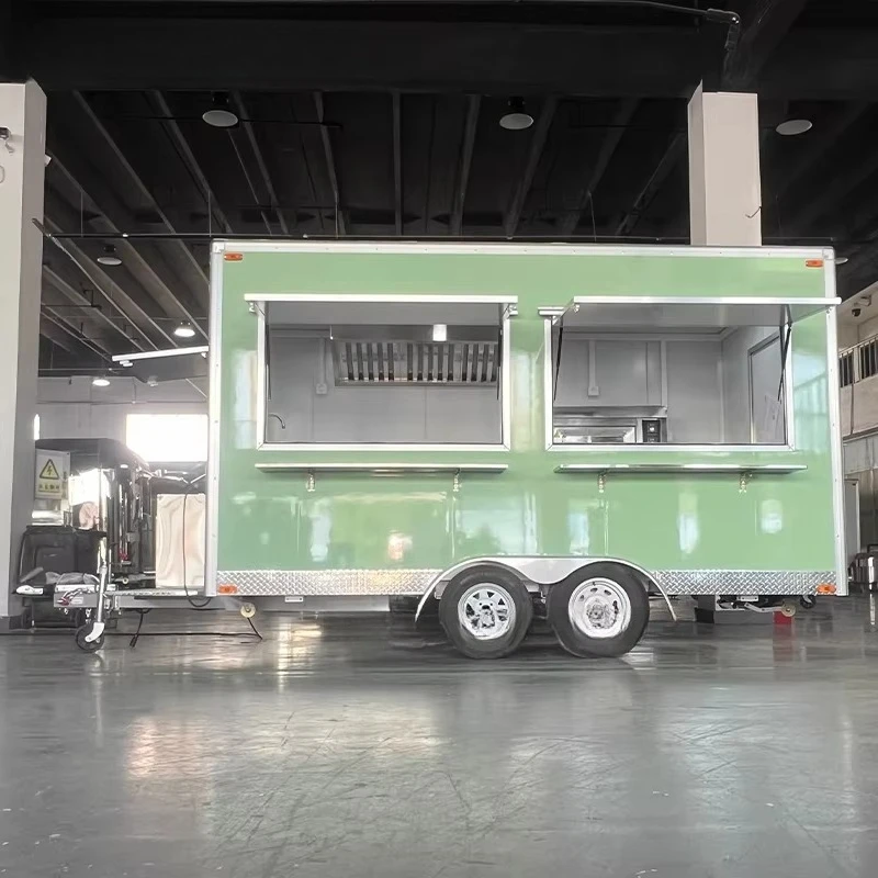Street Fully Equipped Commercial Square Mobile Kitchen Food Trailer Truck Fiberglass Construction Snack Food Candy Chips