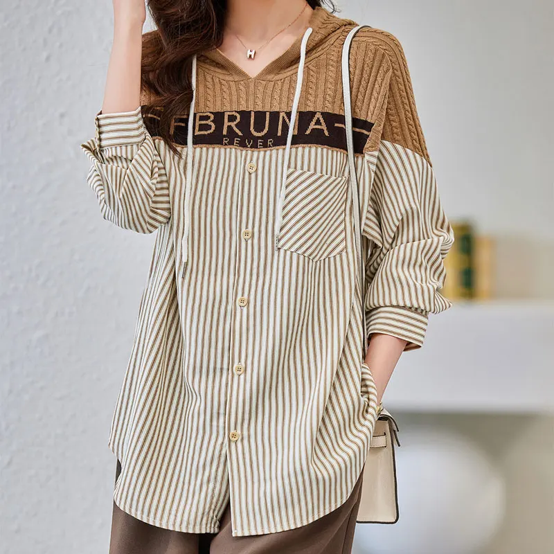 Korean Loose Hooded Striped Blouse Women\'s Clothing Letter Knitted Patchwork 2023 Spring Autumn Casual Drawstring Pockets Shirt