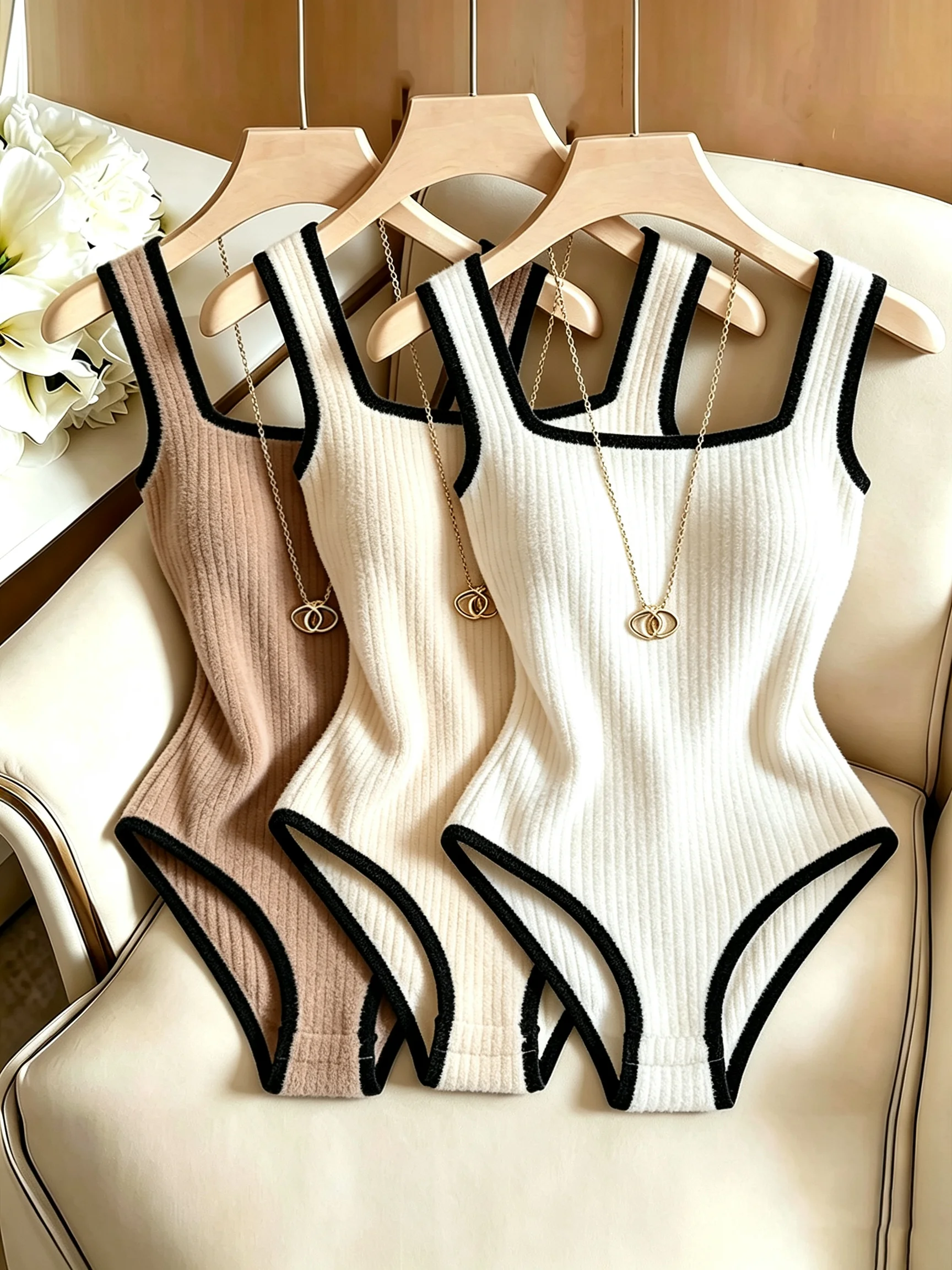 3 Pcs Sports Contrast Binding Square Neck Ribbed Knit Bodysuit Women Sleeveless Slim Thong Basic Sports Tops & Tees Clothes
