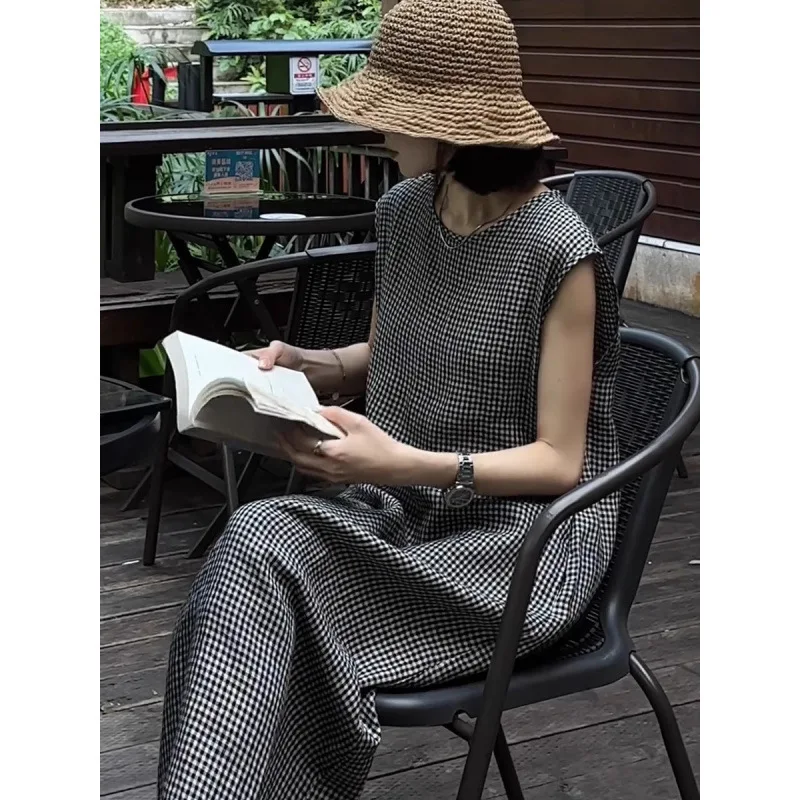 

Lazy Style Women's Plaid Vest Dress Casual Spring Summer New Simple A-Line Skirt Long Sleeve round Neck PVC Fabric Cotton