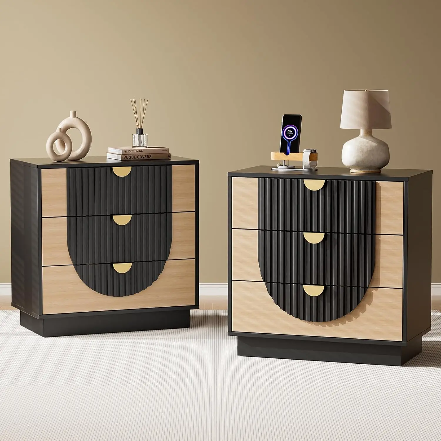 3 Drawer Nightstand with Charging Station, 28" Fluted Night 