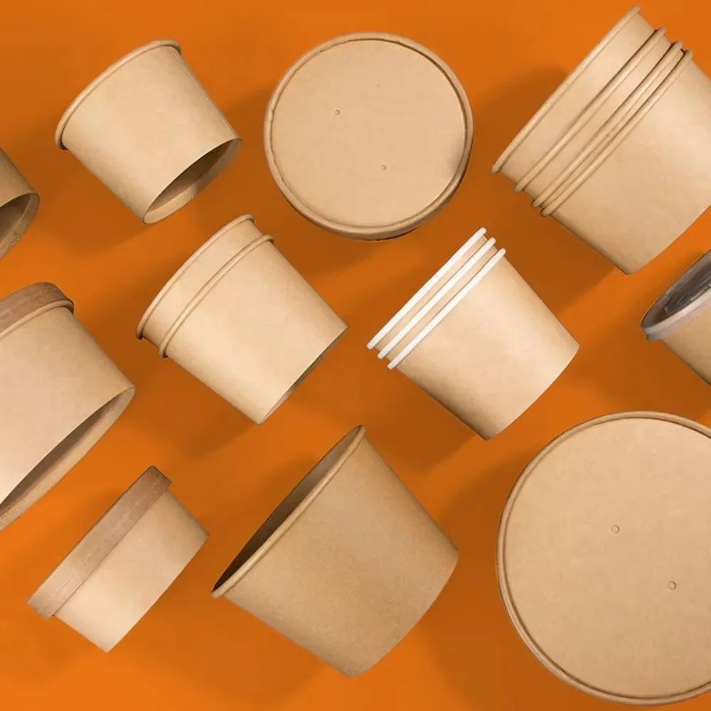10PCS Disposable Kraft Paper Bucket Bowl 8oz/12oz/12oz Hot Soup Bowl Round Paper Soup Bucket with Lid Takeaway Packing Boxes
