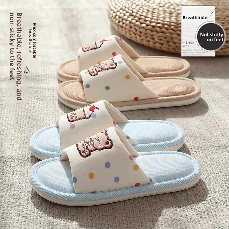 Linen Slippers Women Four Seasons Breathable Non Slip Thick Sole Comfortable Summer Indoor Home Sandals Casual Lightweight Footw