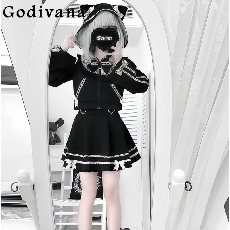 

Girl's Uniform Lolita Outfit Japanese Style Bowknot Hooded Sweatshirt Lace Puffy Skirt Suits Female Black Color Sweet Set