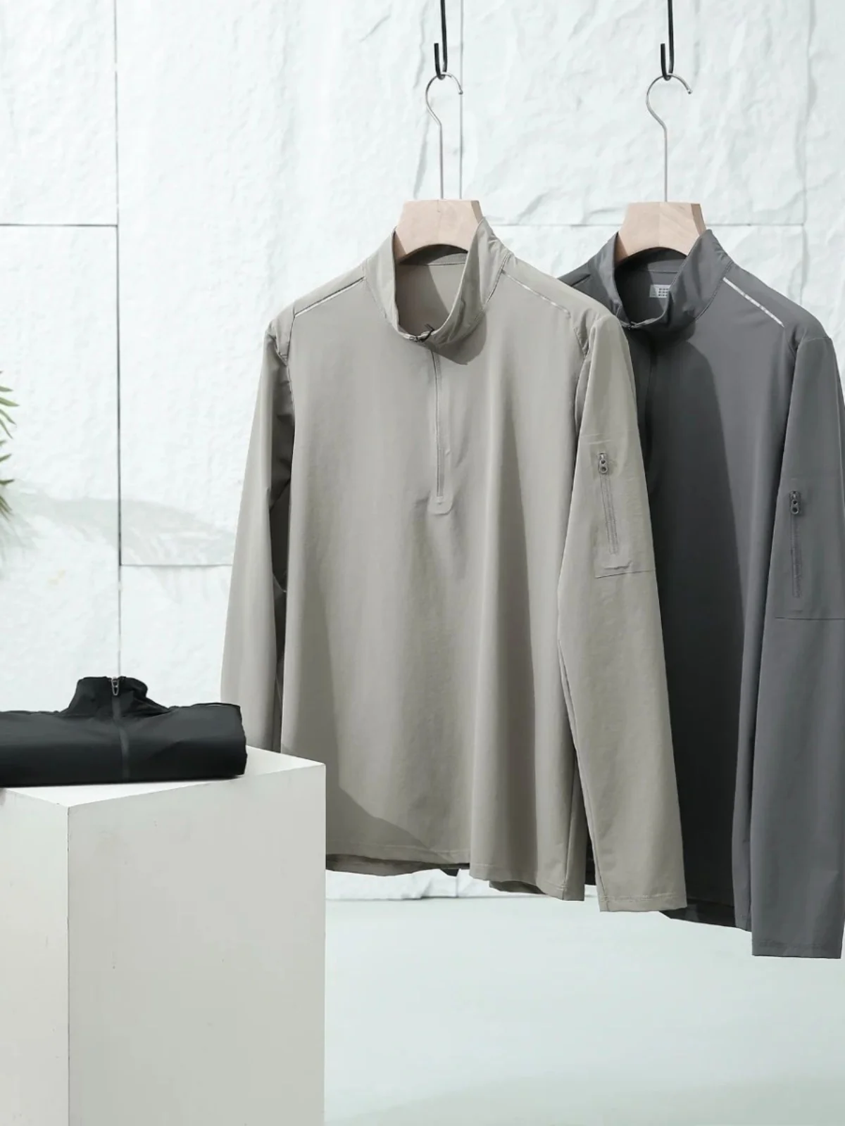 

3D Tailored Long Sve Men's T-irt f Zip Layering High Elastici Qui Dry Urban Faion Nylon Spandex Blend Spring Au...