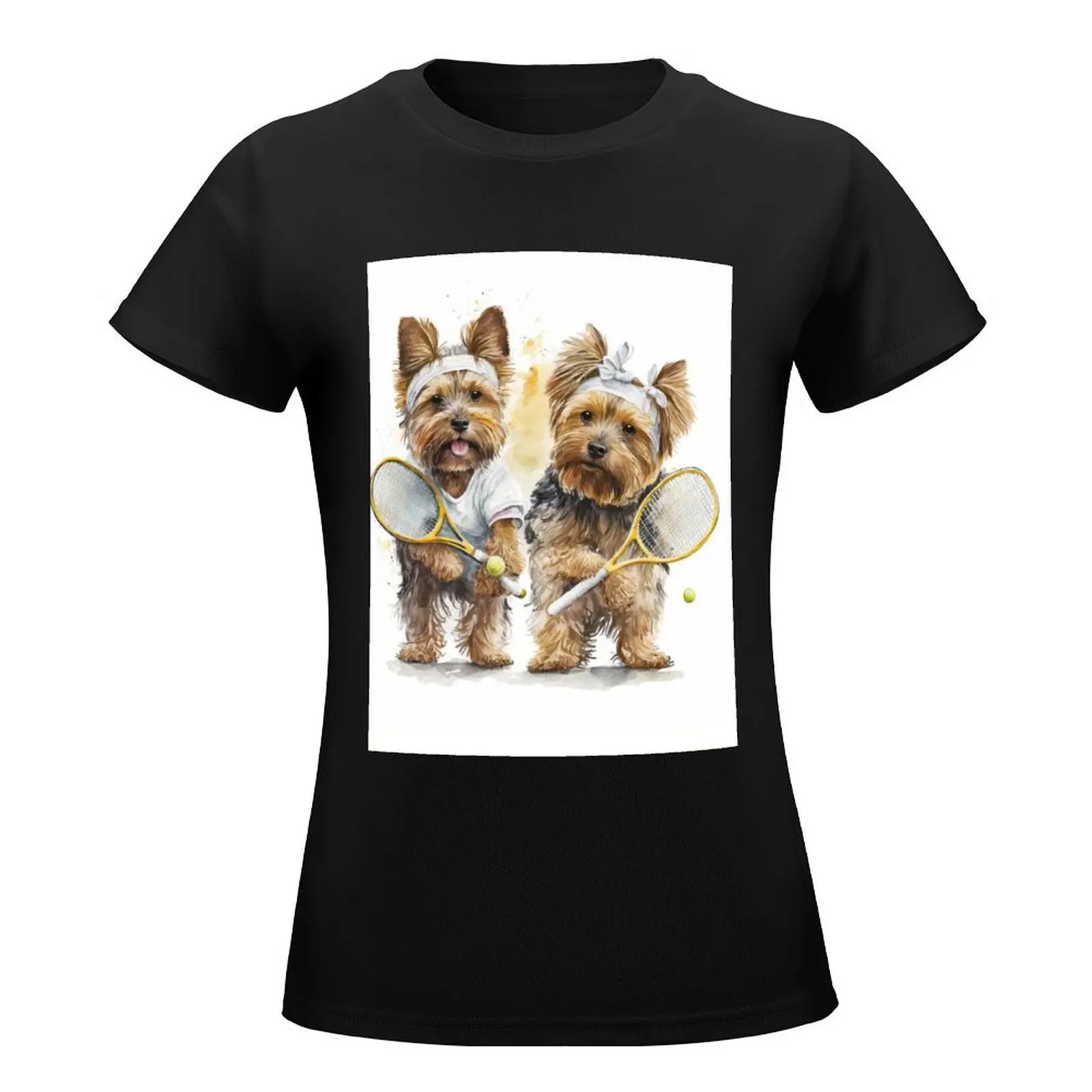 Yorkshire Terrier Dogs Playing Tennis in Furry Foes on the Court T-Shirt heavyweights animal prinfor workout t shirts for Women