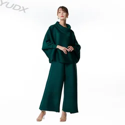 2023 Fall New Miyake Pleated Loose Large Size Fashion Women's Set Scarf Collar Pullover Top + Loose Wide Leg Pants Two Piece Set