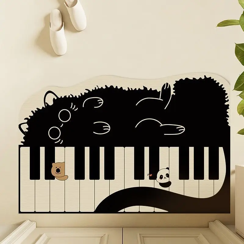 VIKAMA Piano-Key Black Cat Bathroom Mat Soft Diatom Mud Non-Slip Rug Water Absorbent Shower Mat for Home Decor Aesthetic