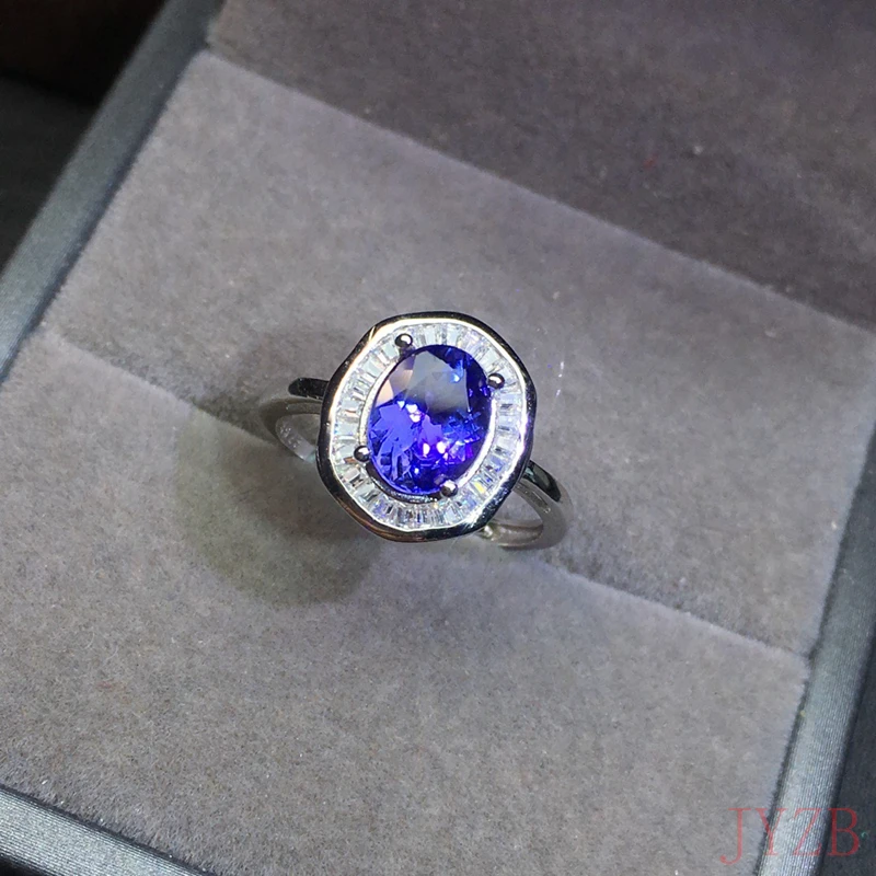 Classic pure natural Tanzanite wedding ring 6*8mm natural Tanzanite ring 925 silver jewelry gift for ladies