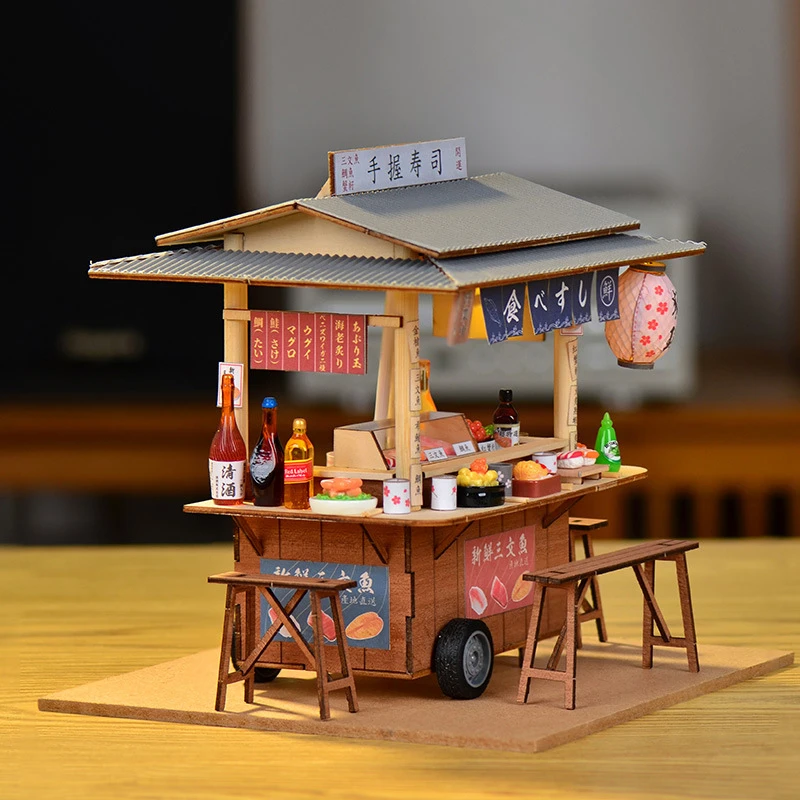 DIY Wooden Doll House Japanese Sushi Store Miniature Building Kit BBQ Breakfast Dollhouse With Furniture Toys for Girls Gifts