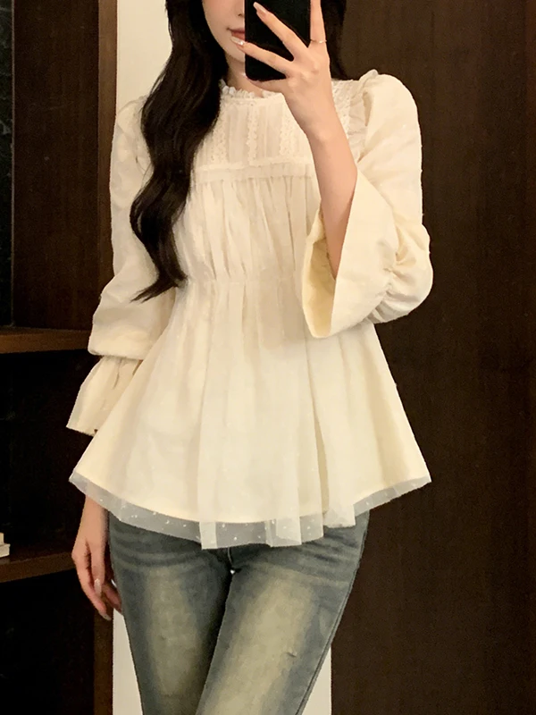 

Ladies Korean Style White Lace Splice Bell Sleeve Shirt Summer New Style Slimming Young Looking Beautiful Small Shirt