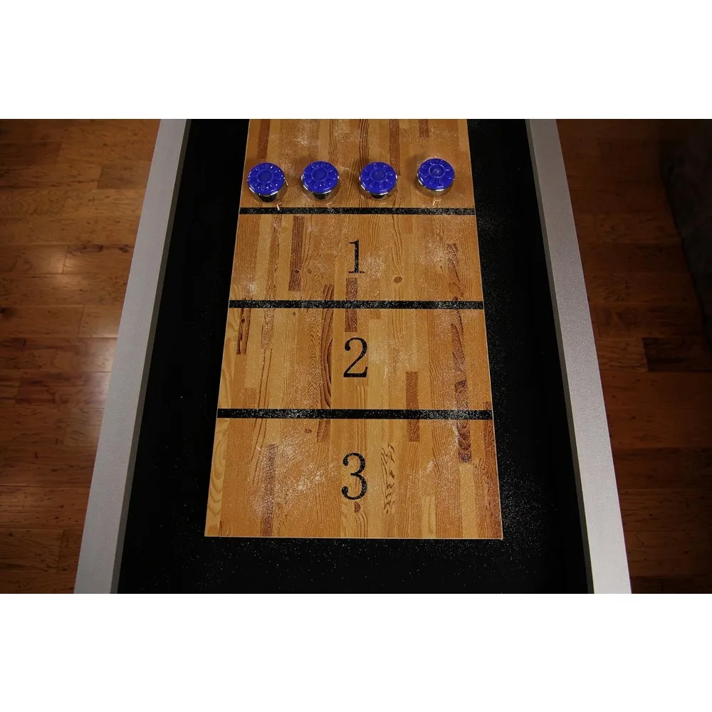 9’ LED Shuffleboard Tables with Poly-Coated Playing Surface for Smooth, Fast Puck Action and Pedestal Legs with Levelers