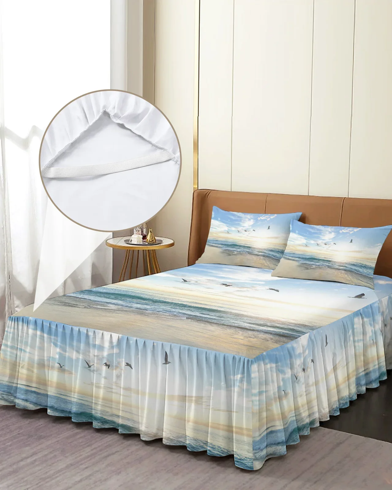 Sunset Sea Scenery Painting Bed Skirt Elastic Fitted Bedspread With Pillowcases Mattress Cover Bedding Set Bed Sheet