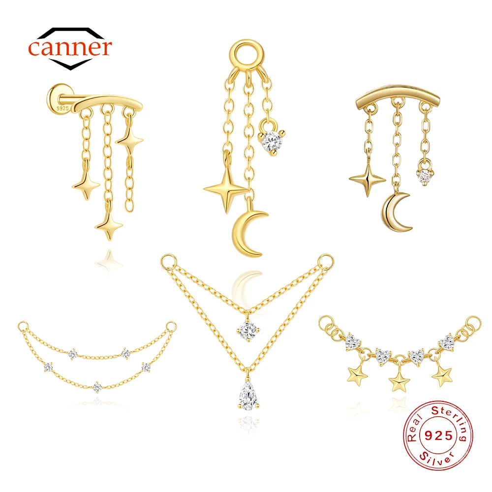 CANNER 1 STÜCK 925 Sterling Silber Stern Mond Piercings Kette Charm Für Frauen Einfache Ohrringe Kette Charm Zubehör Edlen Schmuck