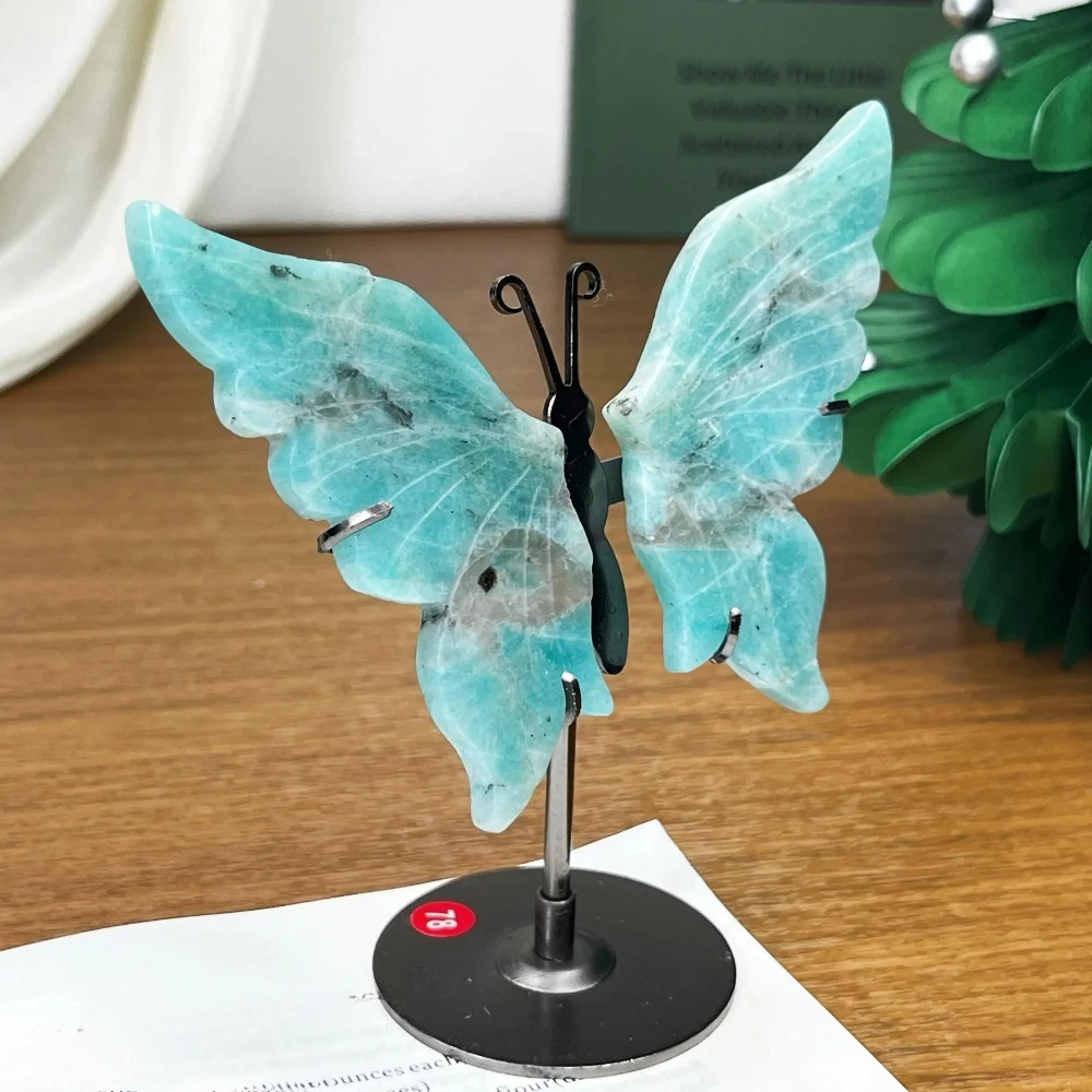 Natural Amazonite Butterfly Wings Crystal with Free Stand Perfect for Home Decoration Office Desk or As A Unique Gift