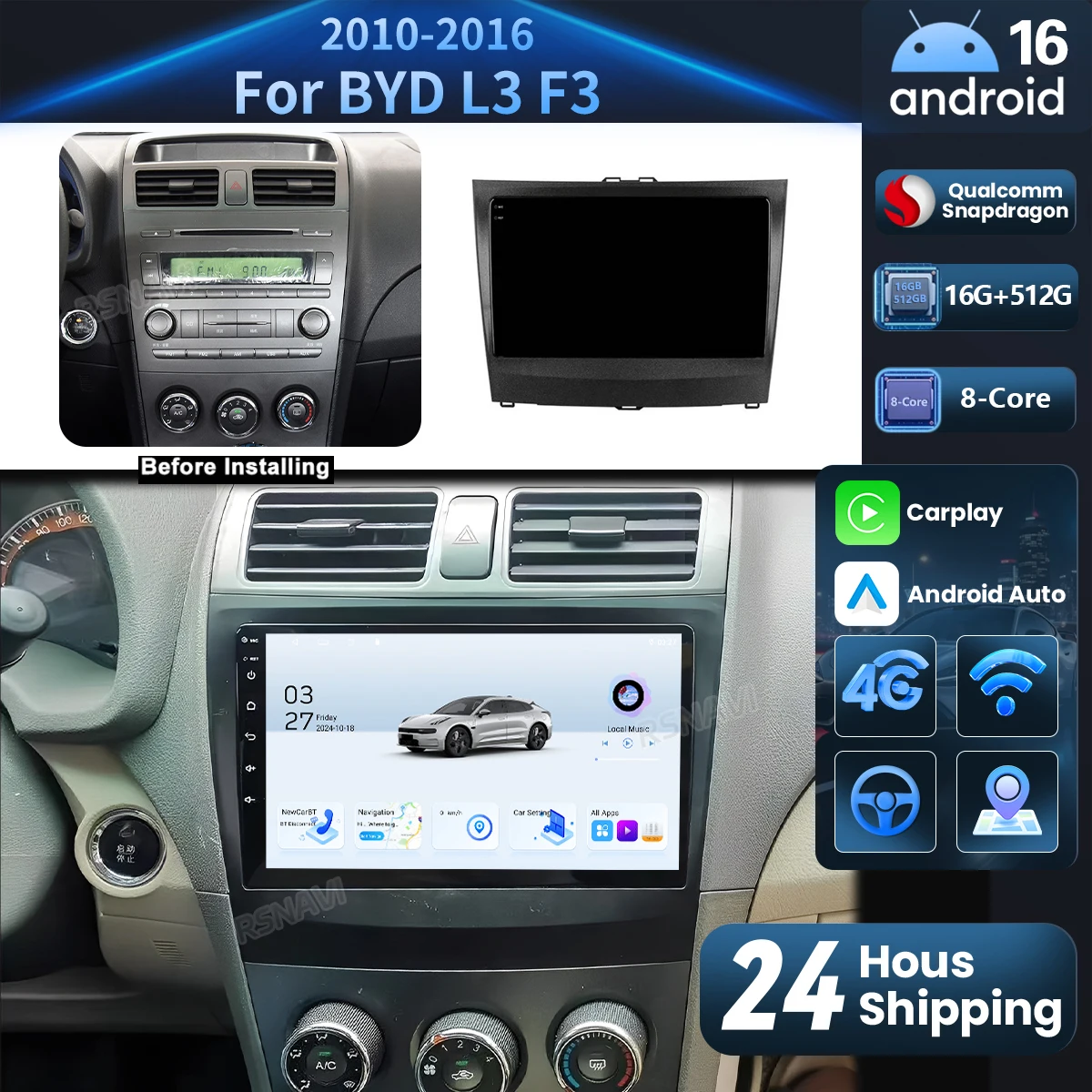

Android 16 Carplay Auto Qualcomm 2K Screen Car Radio Player For BYD L3 F3 2010-2016 GPS Wifi 4G navigation Qualcomm 16G-512G