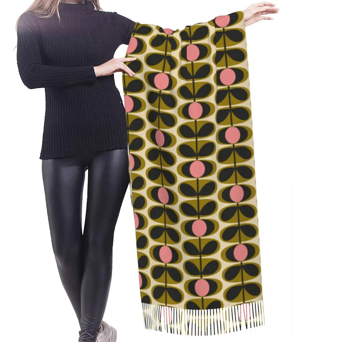 Custom Lady Large Print Oval Flower Stem Olive Orla Kiely Scarves Women Winter Soft Warm Tassel Shawl Wraps Scarf