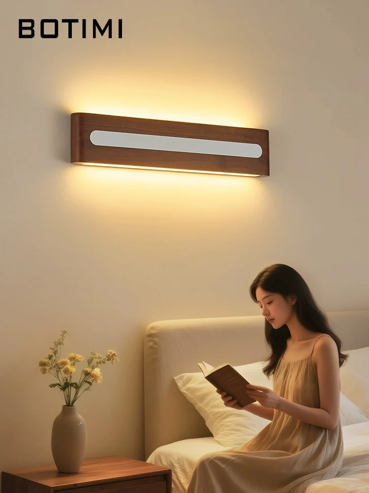 

BOTIMI 20 40CM Walnut Wood Wall Lamp For Bedroom Bedside 60CM Wall Sconce Background Wall Aisle Lights 80CM Wooden Reading Light