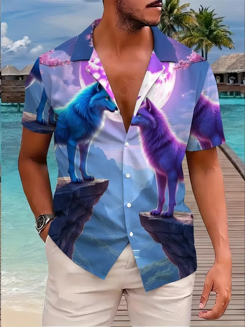 

Men's 3D Wolf Print Hawaiian Shirt Cool Animal Graphic Short Sleeve Button Down Beach Shirt Summer Casual Party Holiday Shirt
