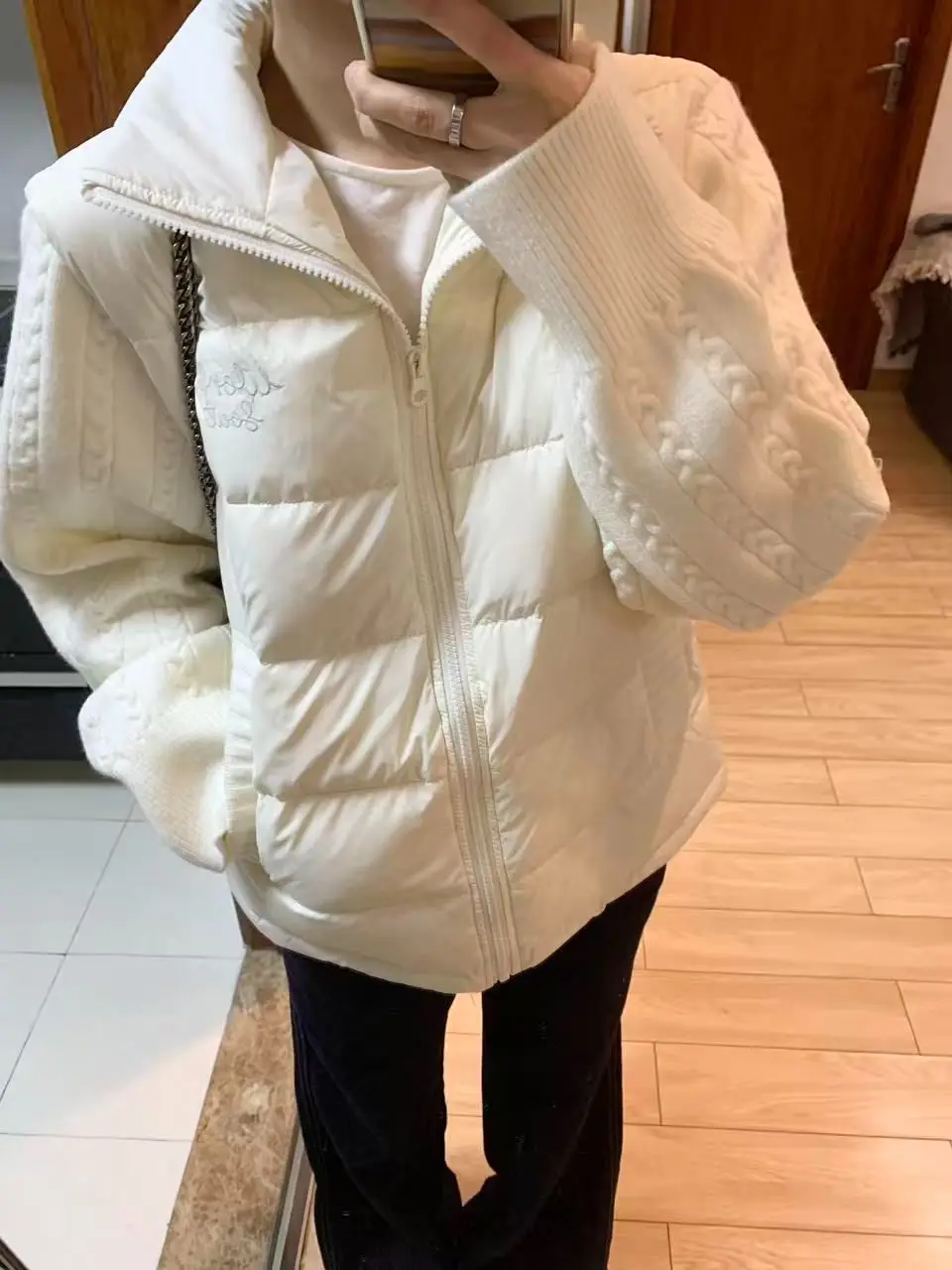 2025 Knitted Patchwork Letter Embroidery Color-Block Stand Collar Cotton Jacket for Women Winter New Loose Short Puffer Coat