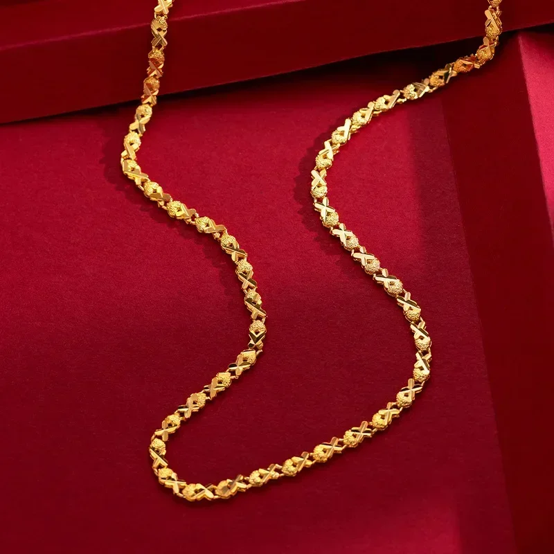 Goldpure 24K yellow gold 9999 real gold vintage women's heart inverted sweater necklace Gift for Valentine's Day