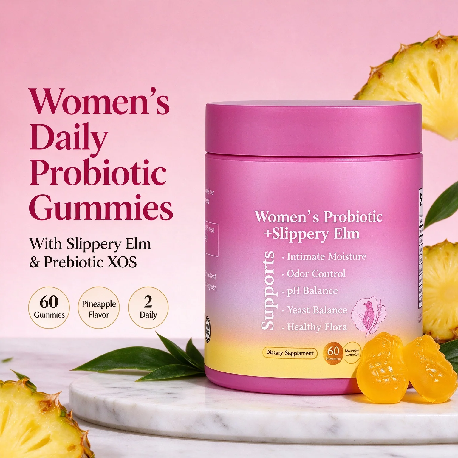 60 Count Women's Probiotic Gummies Pineapple Flavor Slippery Elm & Prebiotic XOS Supports pH Balance Control Health Supplement
