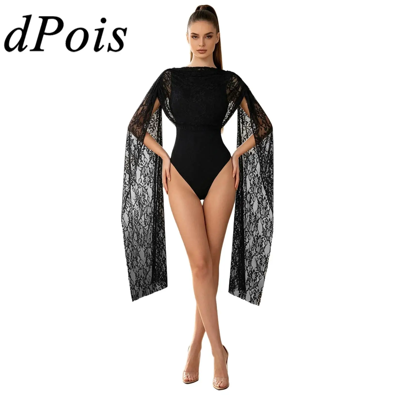 Women Floral Lace Leotard Bodysuit Cape Sleeve Backless Buttoned Crotch Elegant Lace Jumpsuit Show Stage Performance Rompers