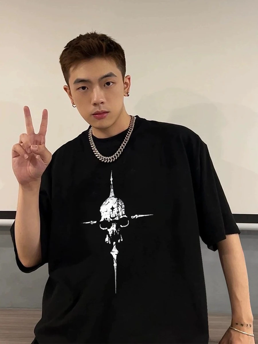 

THUG STA CLUB™ Heavyweight American Skull aphic Loose Fit Cotton T-irt Men's Summer Casual round Ne ort Sve