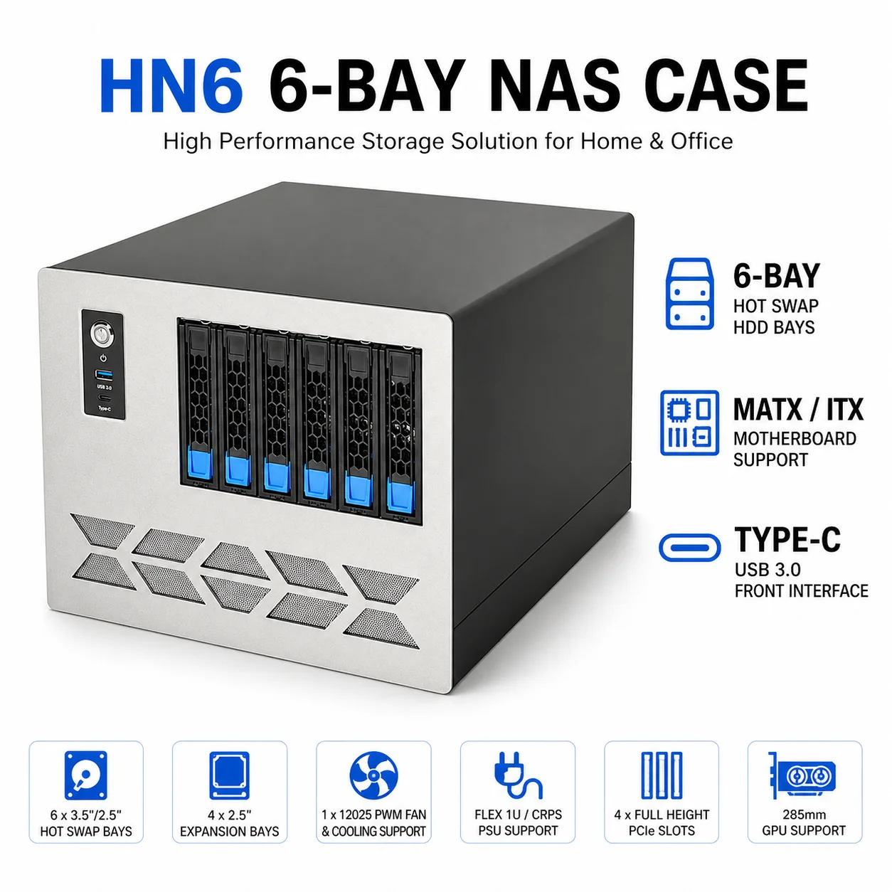 

HN6 NAS Case 6 Bay Hot Swap Storage Chassis MATX ITX Server Case Type-C USB3.0 FLEX CRPS PSU 4 PCI Slots