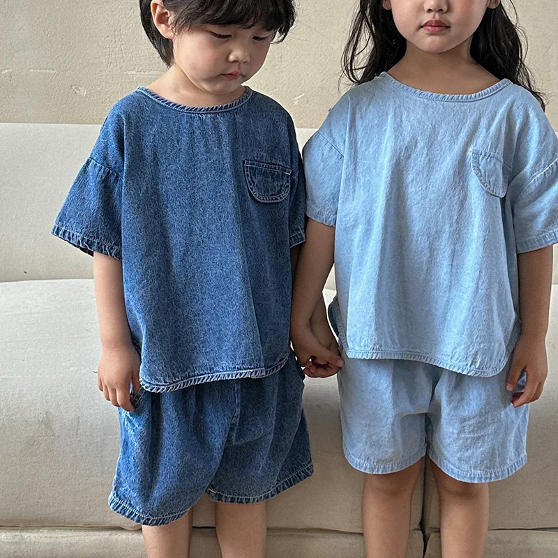 

Summer Children Clothing Suit Short Sleeved Solid Color Denim T-shirt+Shorts 1-8Yrs Baby Boys Girls Clothes Set