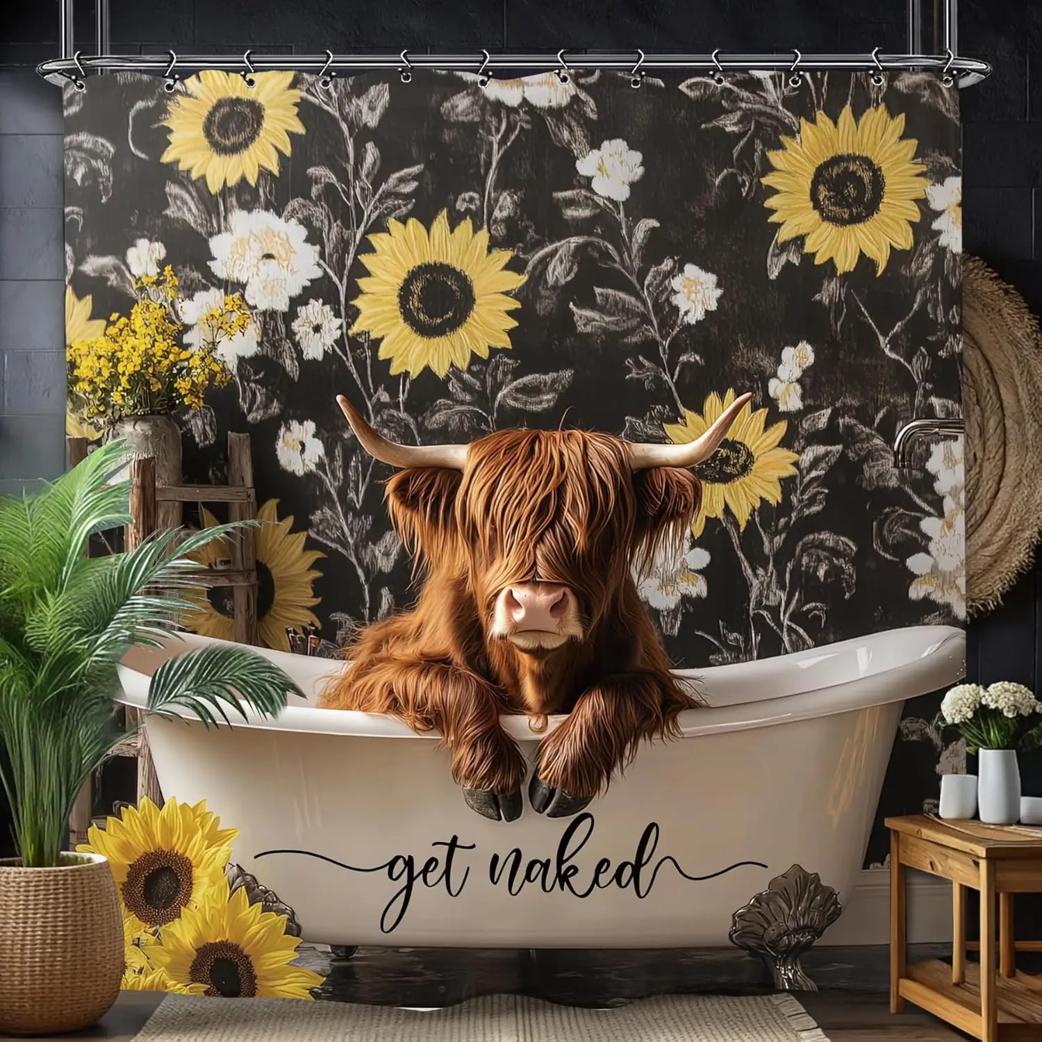 

Funny Highland Cow Sunflower Shower Curtain, Rustic Farmhouse Humorous Bathroom Decor, Waterproof