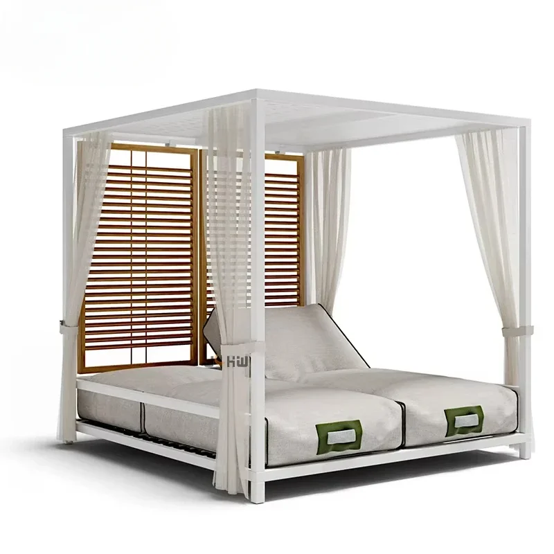 Outdoor Daybed With Canopy Teak wood Patio Double Sunbed Garden Cabana Beds