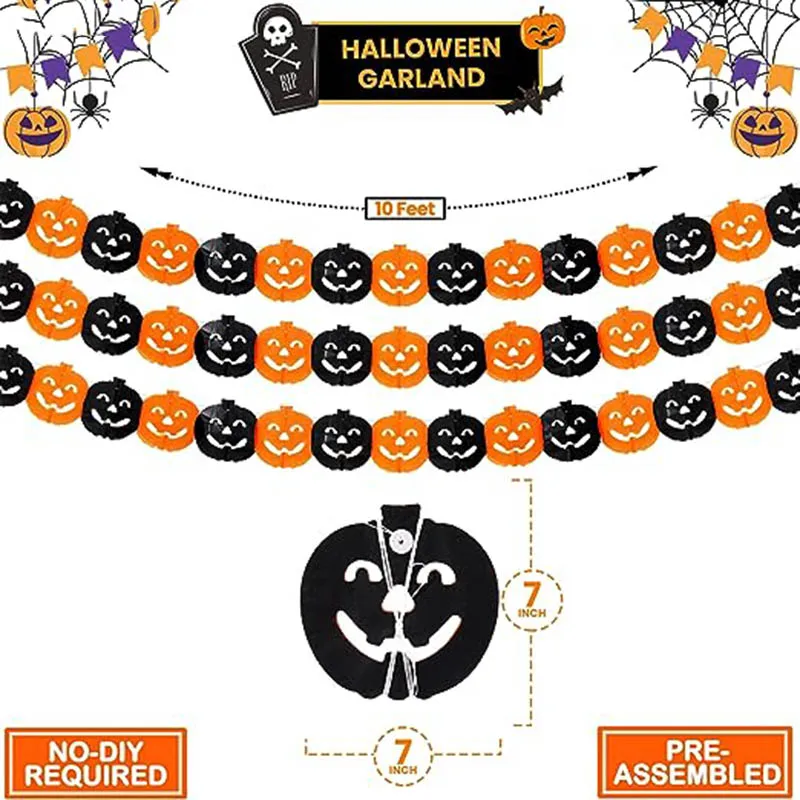 3M Halloween Pumpkin Paper Pull Flower Halloween Decorations Horror Party Scene Props Paper Chain Banner DIY Festival Supplies