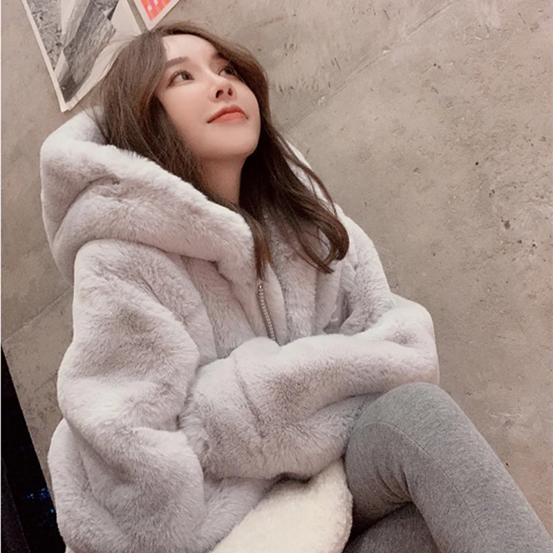 Chic Hooded Warm Loose Faux Rabbit Fur Jacket Winter Women Clothing Thick Zipper Fur Coat Korean High Quality Luxury Coat Design