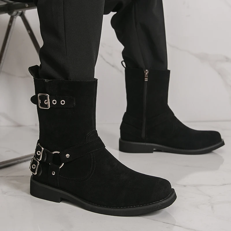 Winter Men High-top Chelsea Boots Black American Casual Side Zipper Fashion Buckle High-quality Boots Outdoor Training Boots Men