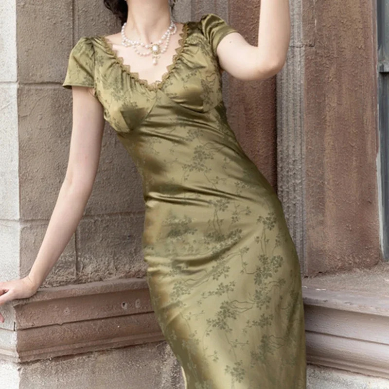 Zielona satynowa seksowna sukienka damska letnia Spaghetti paski sukienki imprezowe z odkrytymi plecami damskie żakardowe dekolt w serek Harsuku odzież