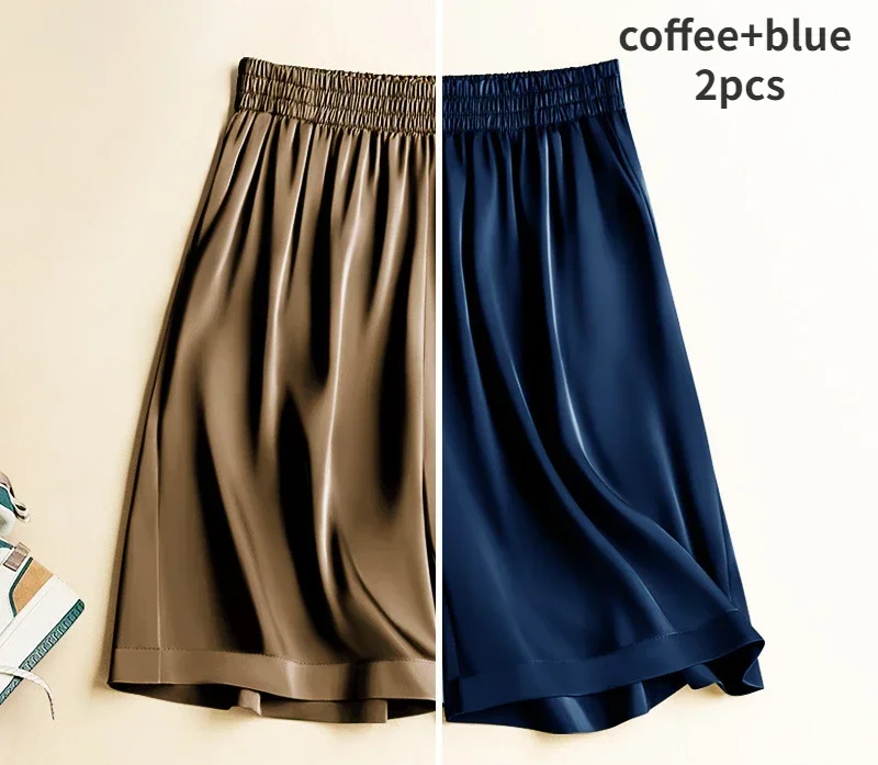 여성용 하이 웨이스트 아이스 실크 아세테이트 반바지, 얇은 새틴 크롭 팬츠, 캐주얼 루즈 파자마, 플러스 사이즈, 여름