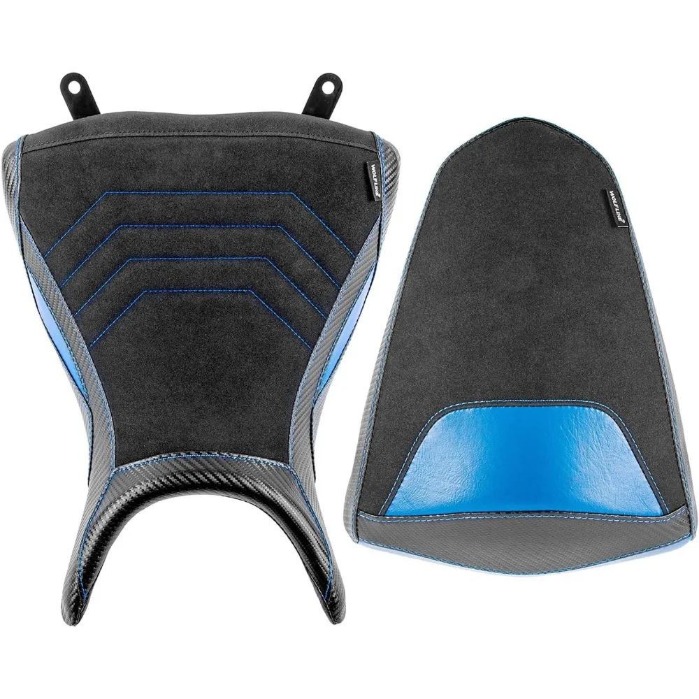 Motorcycle Leather Front Rider Saddle Solo Rear Passenger Seat Cushion Pillion Pad Compatible with MT-03 YZF-R3 2015-2024, Blue