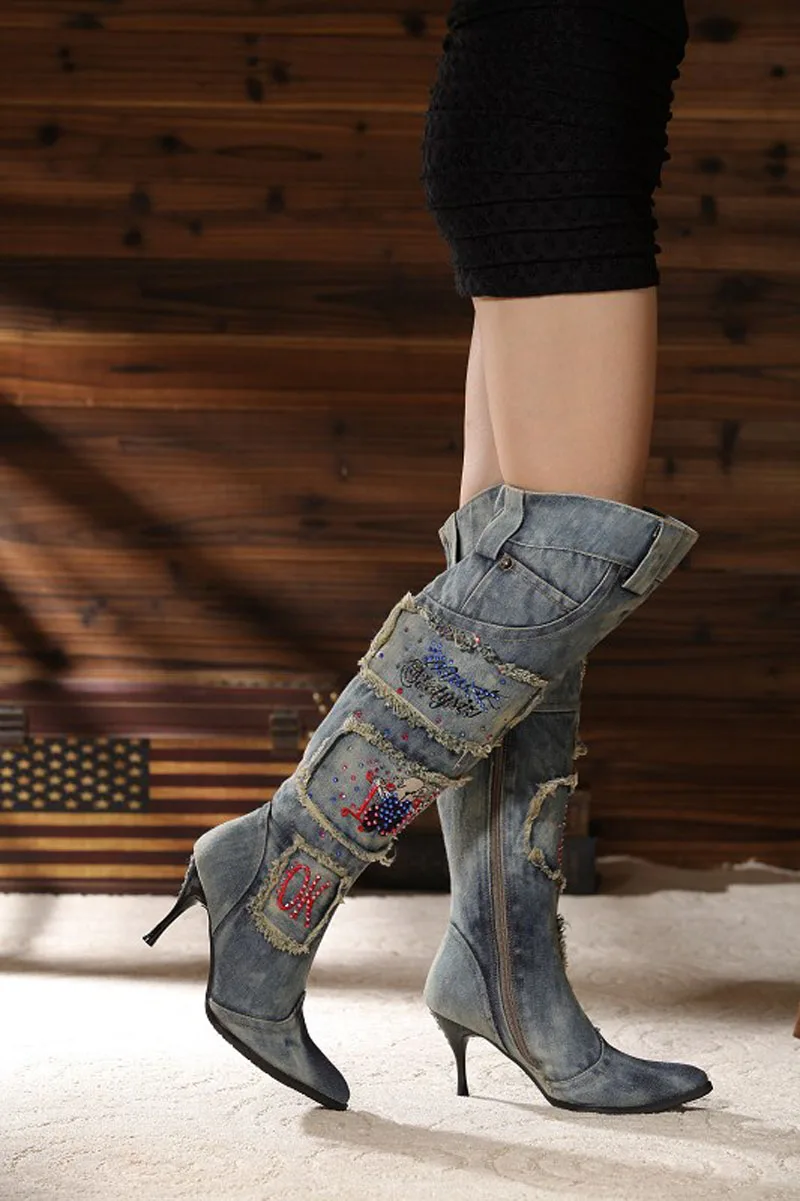 Cute Cartoon Letters Crystal Drilled Denim Cloth Over Knee Boots High Heels Cowboy Rhinestone Woman Knight Jean Boots Shoe