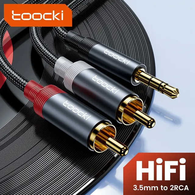 Tookcki kabel RCA 3.5mm Jack do 2 RCA Aux kabel Audio 3.5mm do 2RCA męski Adapter rozdzielacz do TV, pudełko Apple TV przewód głośnikowy przewód