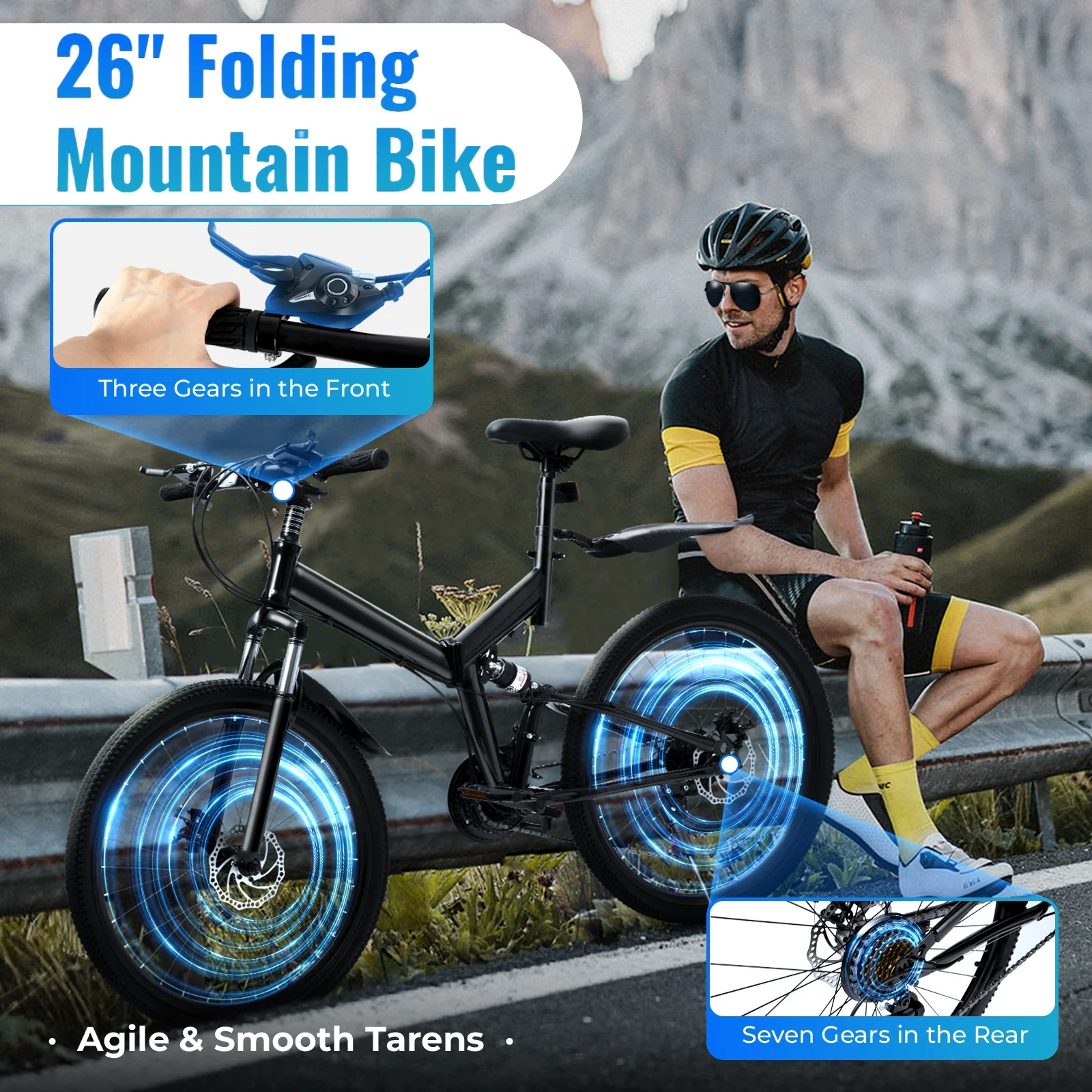 26 Inches Folding Bikes Mens Mountain Bike Full Suspension Dual Disc Brake Bicycle