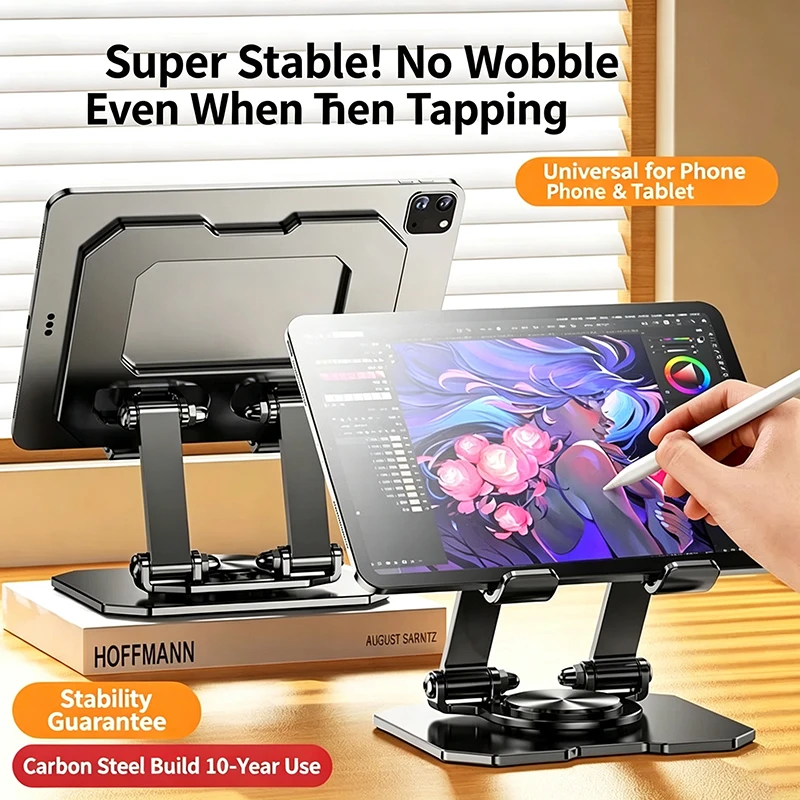 Metal Folding Flat Phone Stand Height-adjustable Foldable 360-Degree Rotating Desktop Phone Stand for Watching TV Series