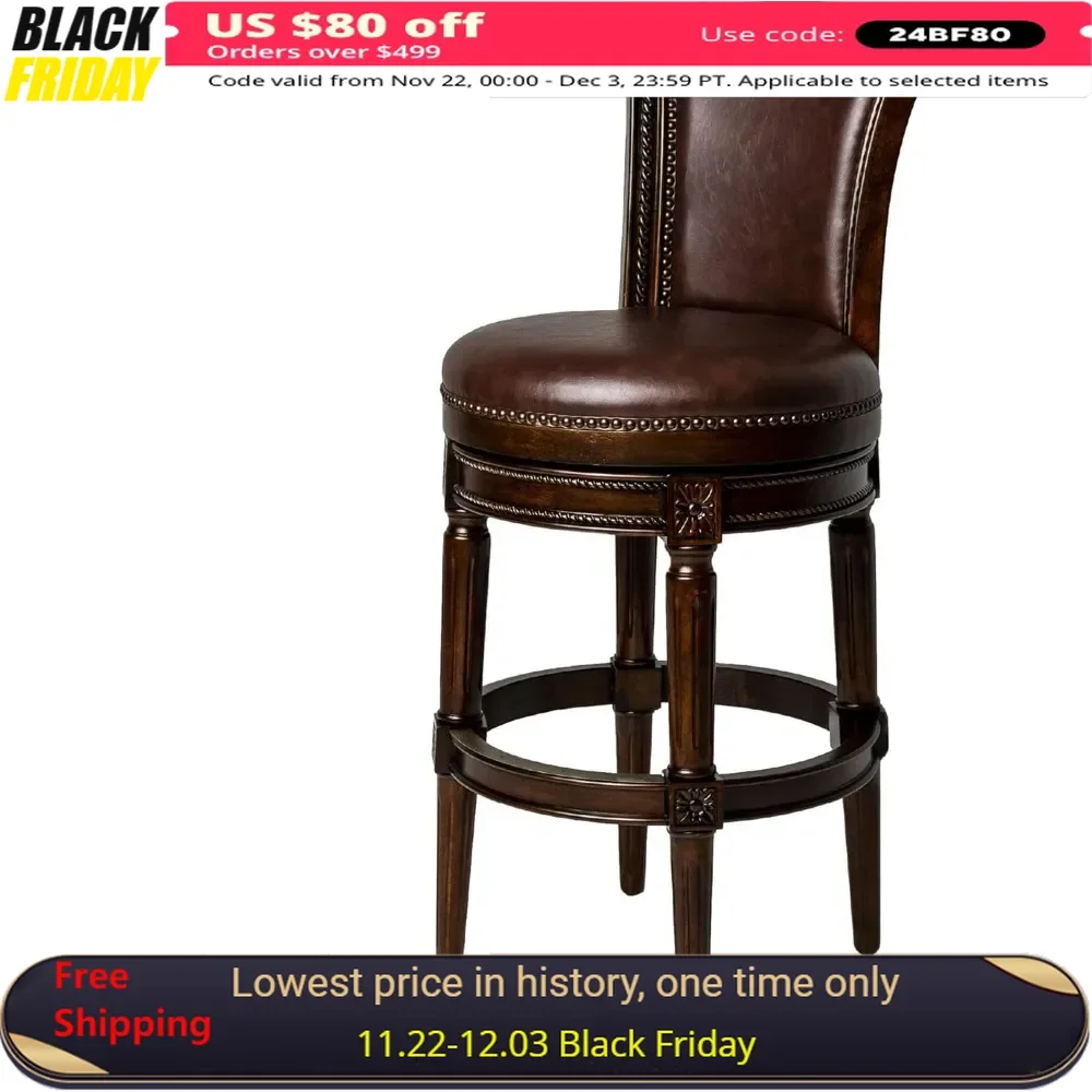 Pullman 31 Inch Tall Bar Height Upholstered Barstool with Back, Dark Walnut Finish with Vintage Brown Vegan Leather Cushion Seat