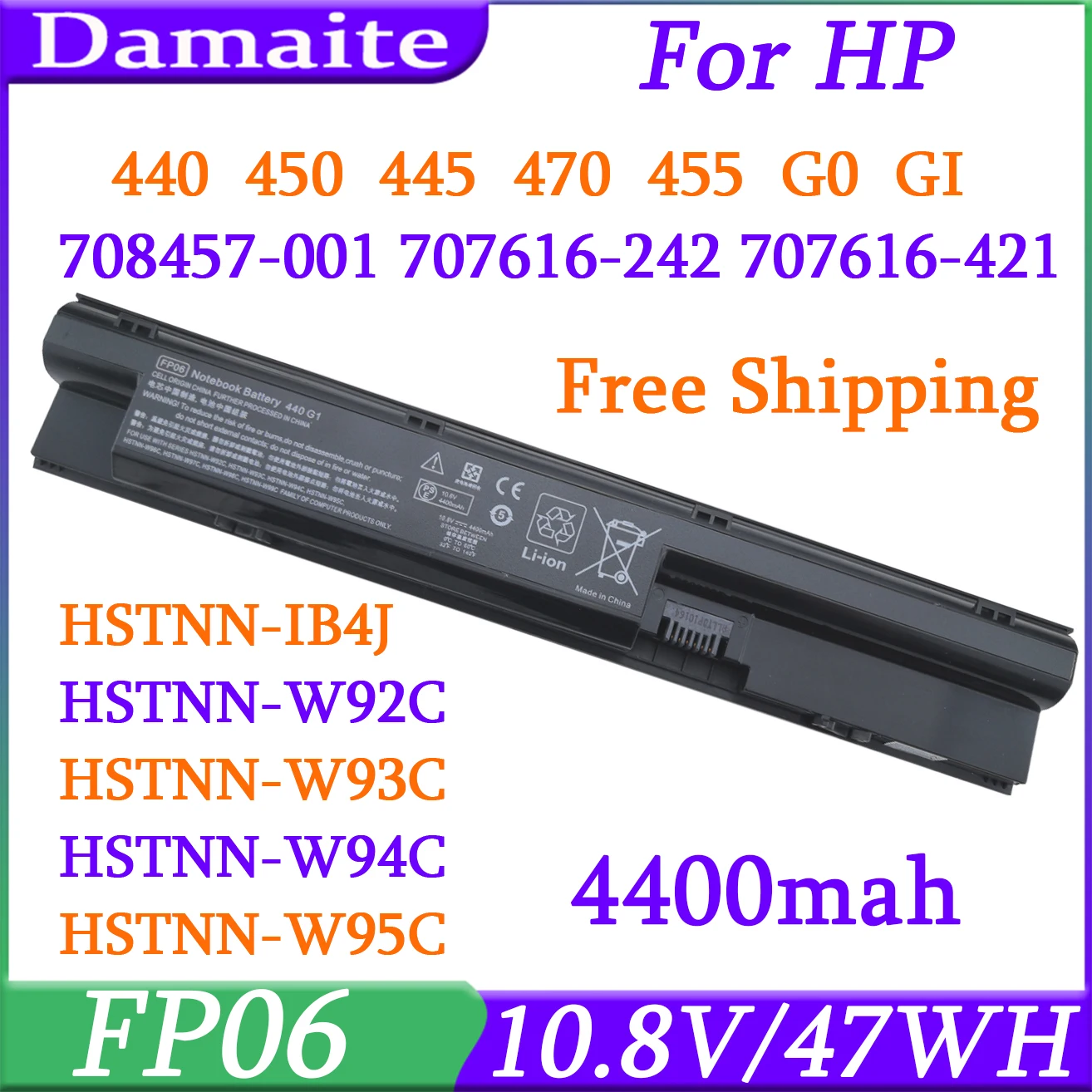 

FP06 FP09 Laptop Battery for HP ProBook 440 445 450 470 455 G0 G1 Series 708457-001 708458-001 707617-421 11.1V 5600mAh FP06XL