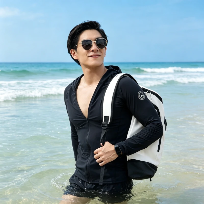 Men's Obsidian Hooded Surf Swim Top, Quick-Dry Breathable Rash Guard for Hot Spring Swimming, Soft Skin-Friendly Durable Durable